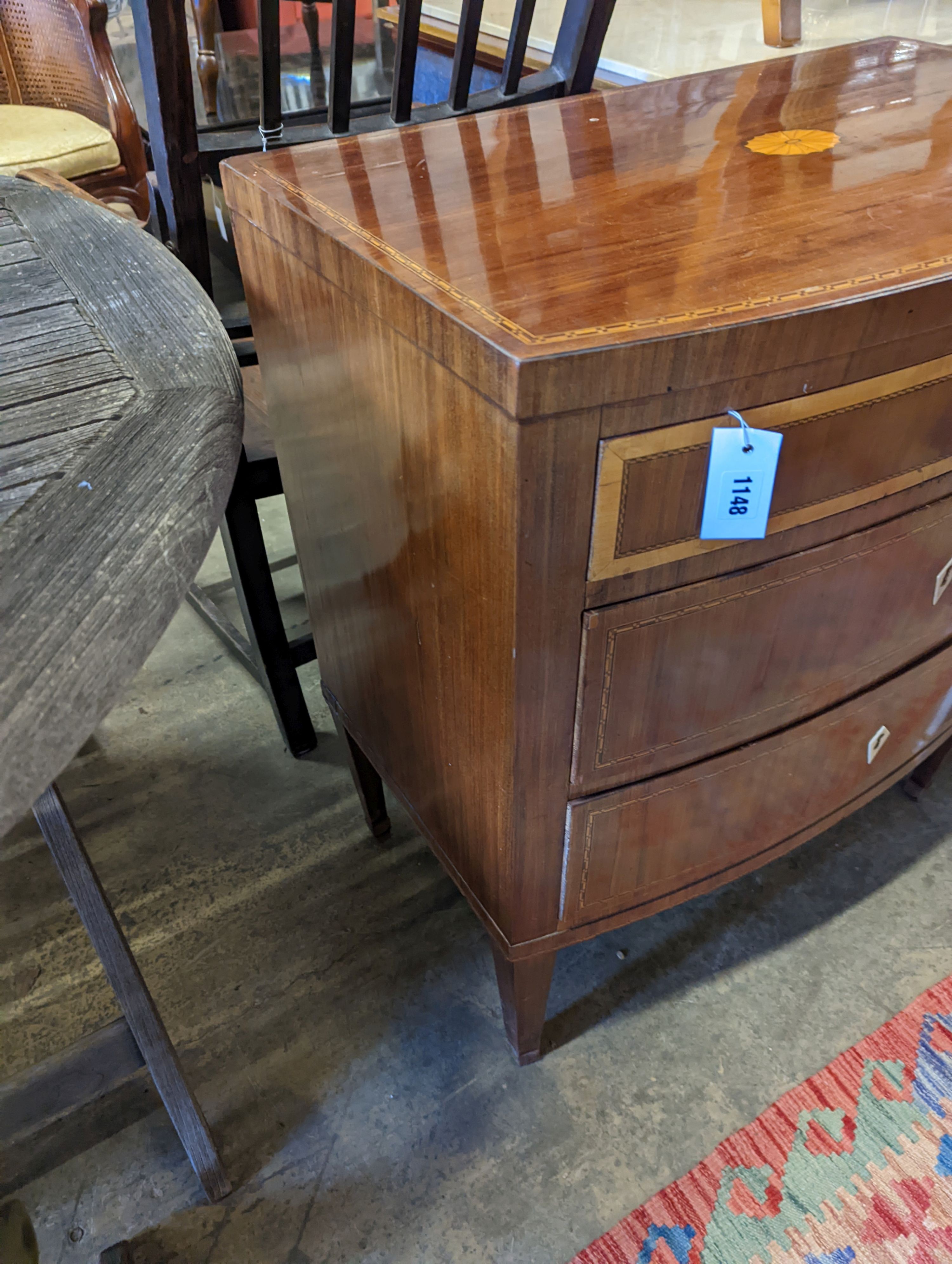 A Danish inlaid mahogany bow front chest, width 70cm, depth 44cm, height 82cm